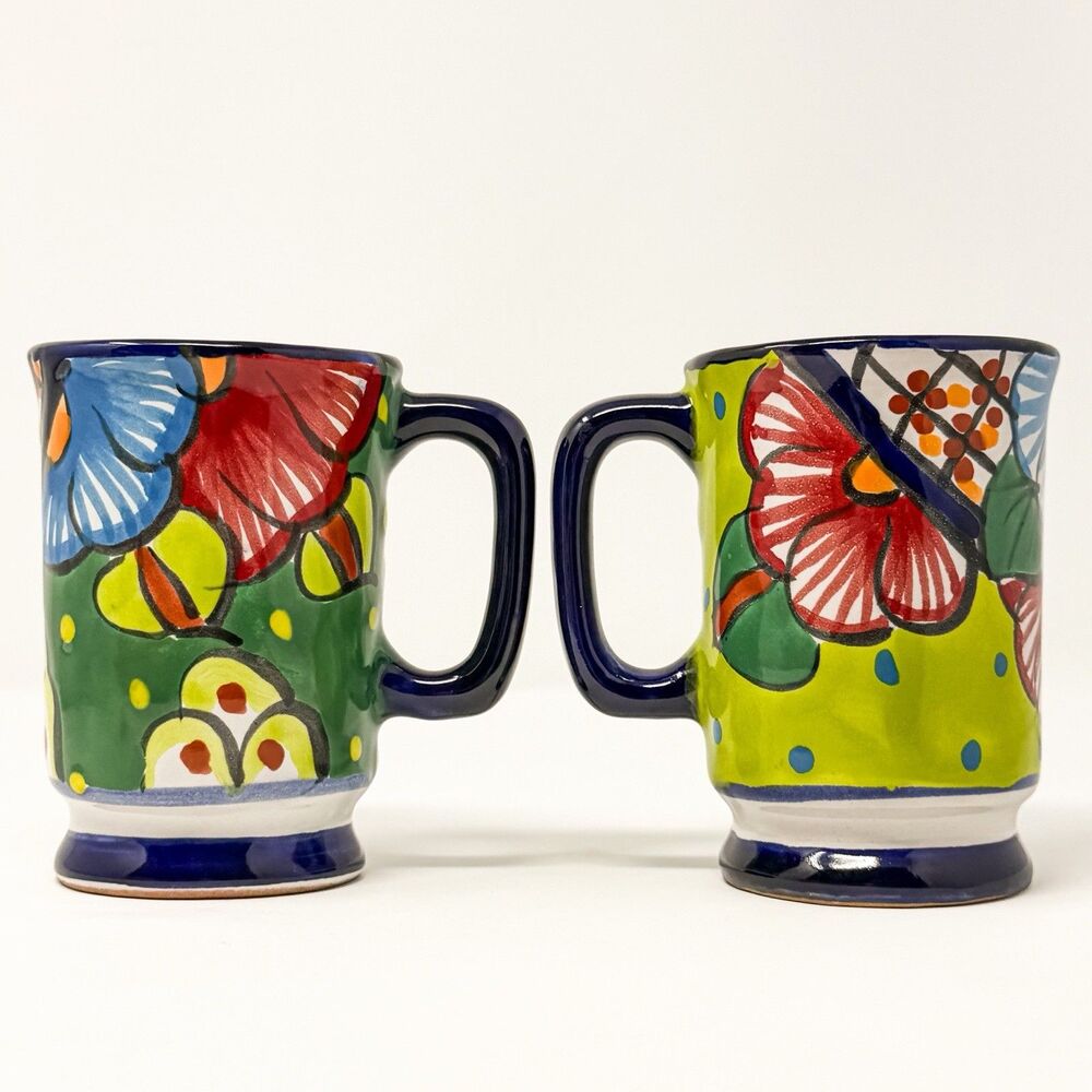Vintage Talavera Hand Painted Mexican Pottery Mug Set Floral Folk Art Cups Pair - Picture 2 of 8